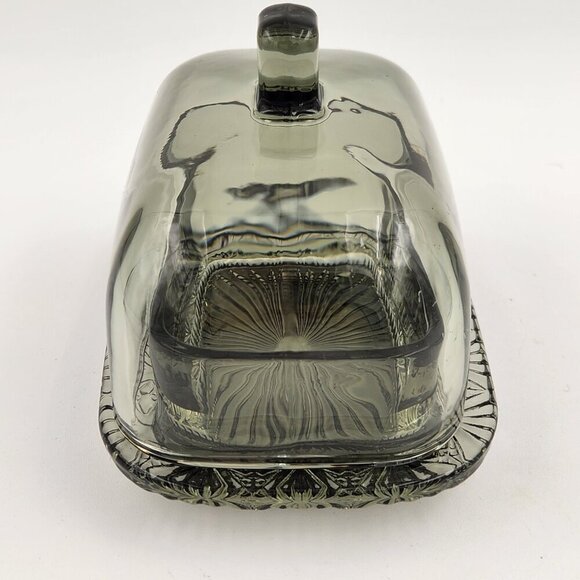 Vtg Smoky Quartz Glass Oversized Butter Cheese Dish Covered Lid Cut Design - Picture 6 of 9
